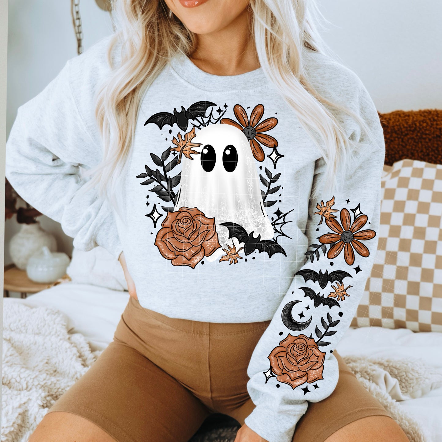 Orange Floral Ghostie Shirt, Crewneck, Hoodie