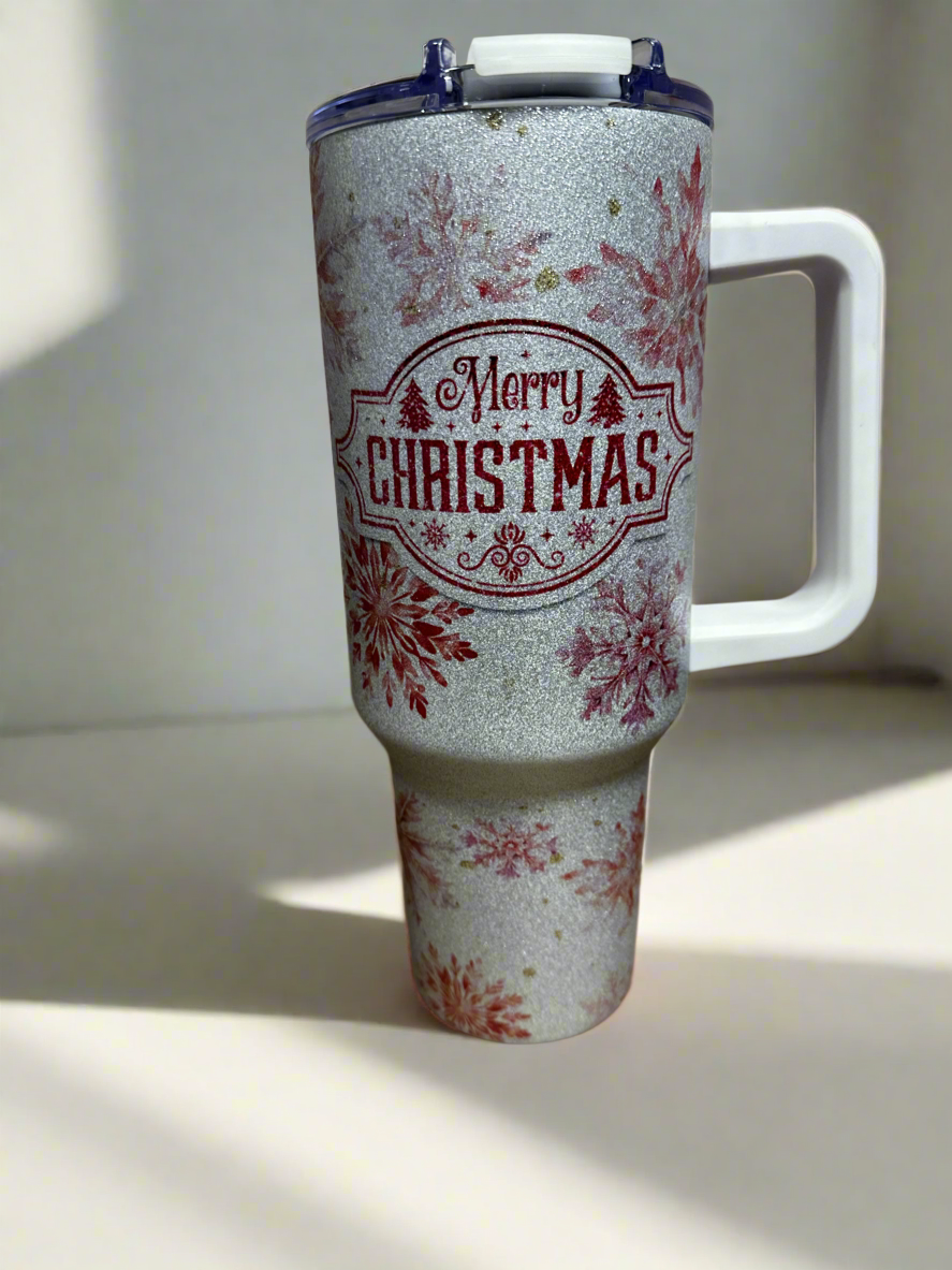 Merry Christmas Pink and Red Snowflakes 40 oz Tumbler