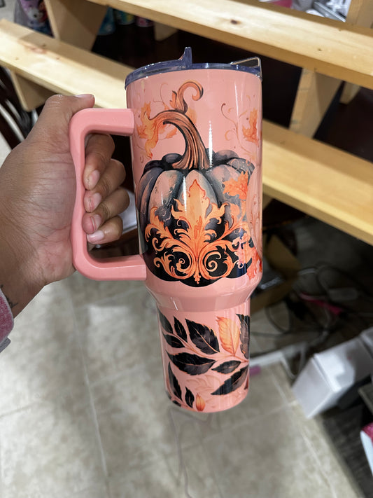 Flamingo Pumpkins, Gold and Black Fall Leaves 40 oz Tumbler