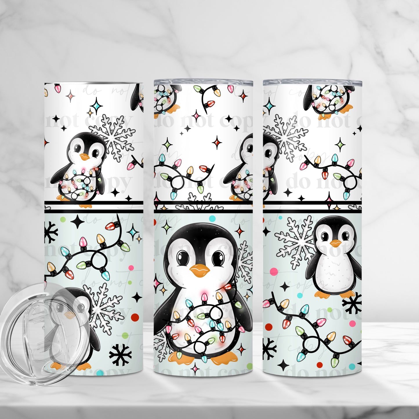 Penguin w. Christmas Lights Skinny Tumbler