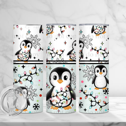 Penguin w. Christmas Lights Skinny Tumbler