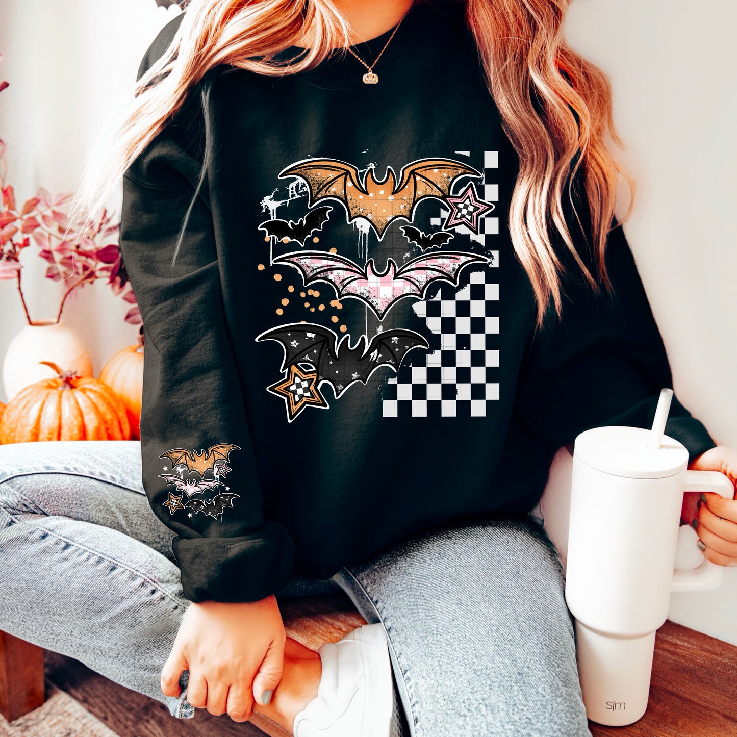Grunge Patterned Bats Hoodie(White)