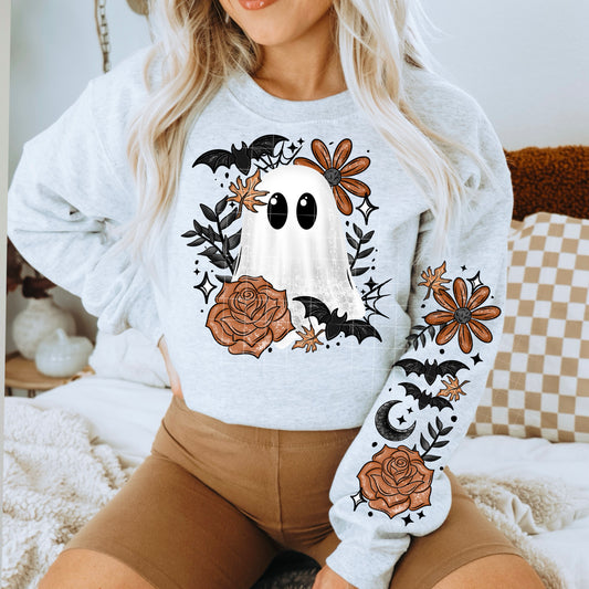 Orange Floral Ghostie Shirt, Crewneck, Hoodie