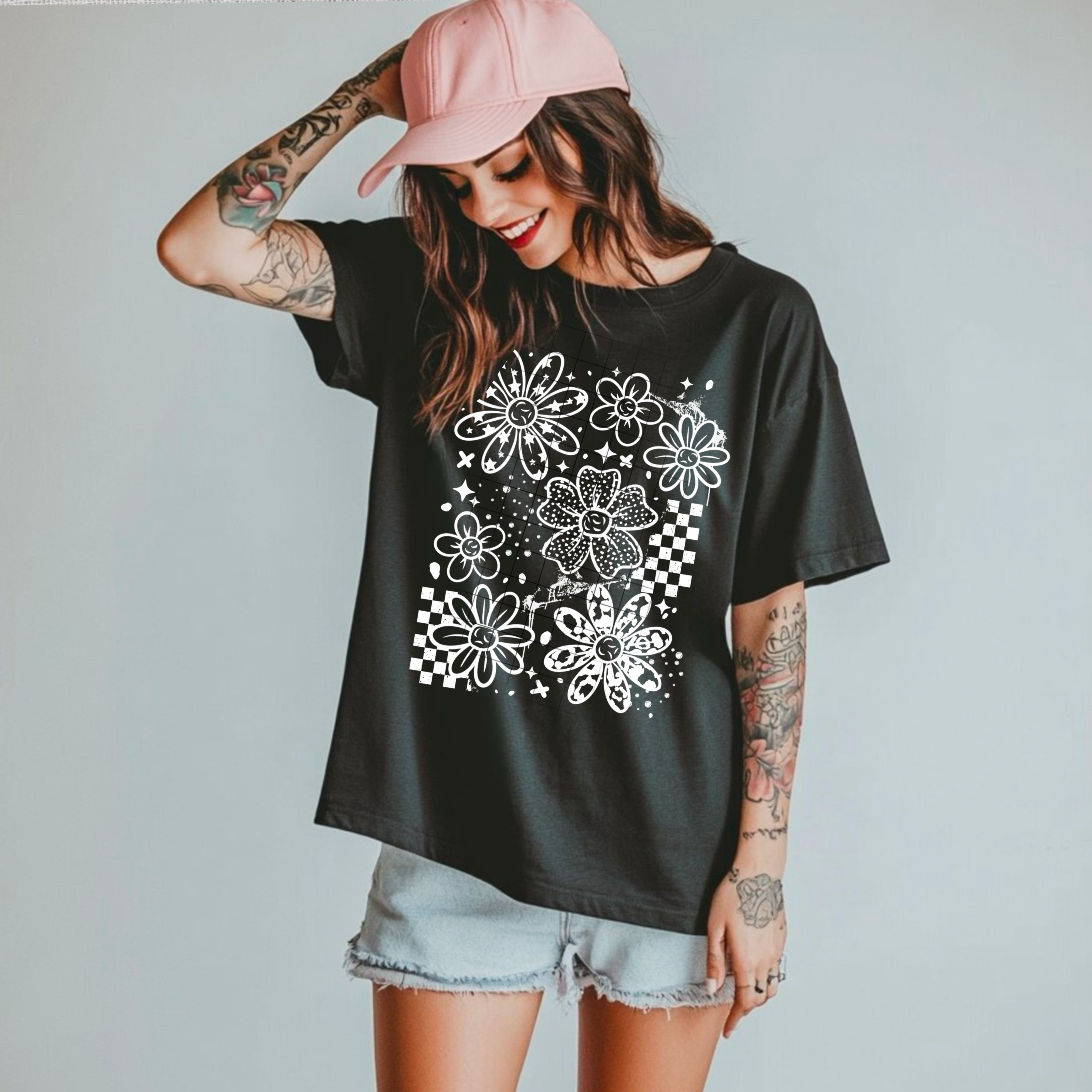 Grunge Messy Floral Long Sleeve T-Shirt (White)